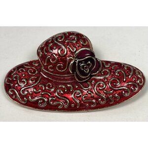 VTG LIZ CLAIBORNE 2.25" Red & Goldtone Enamel Hat BROOCH Pin Flower Signed EUC